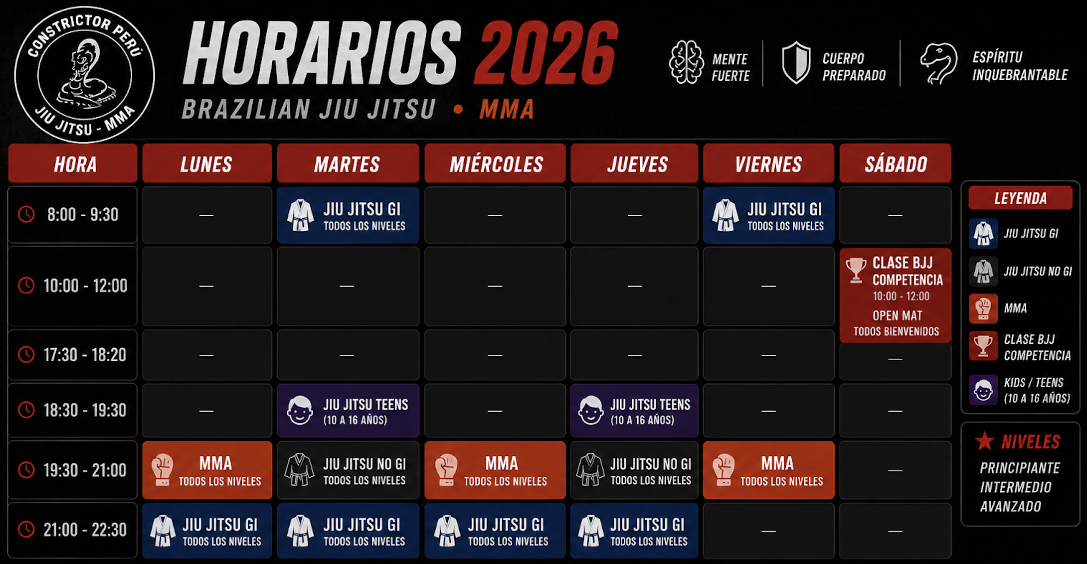 Horarios 2026 de Brazilian Jiu Jitsu y MMA en Constrictor Perú